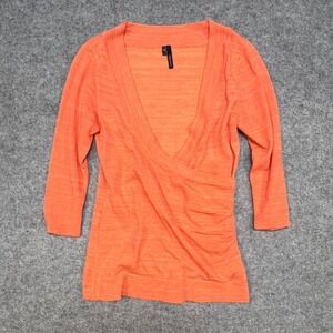 Maurices Orange V Neck 3/4 Sleeve Ruched Wrap Knit Top Women's Size S